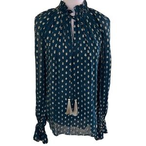 Mechora Forest Green/Gold Split Neck Blouse with Tassel Ties S NEW